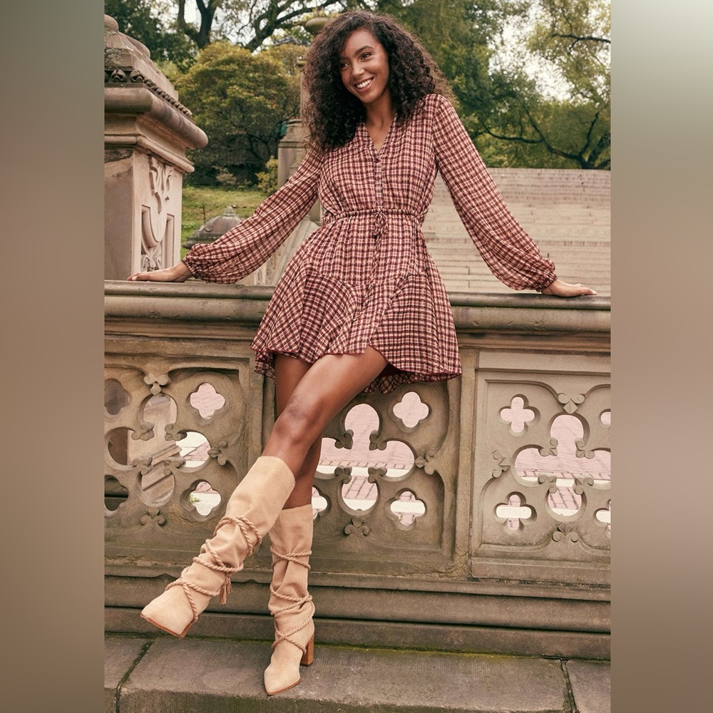 Lulu’s Delightfully Darling Red Plaid Lurex Long Sleeve Mini Dress